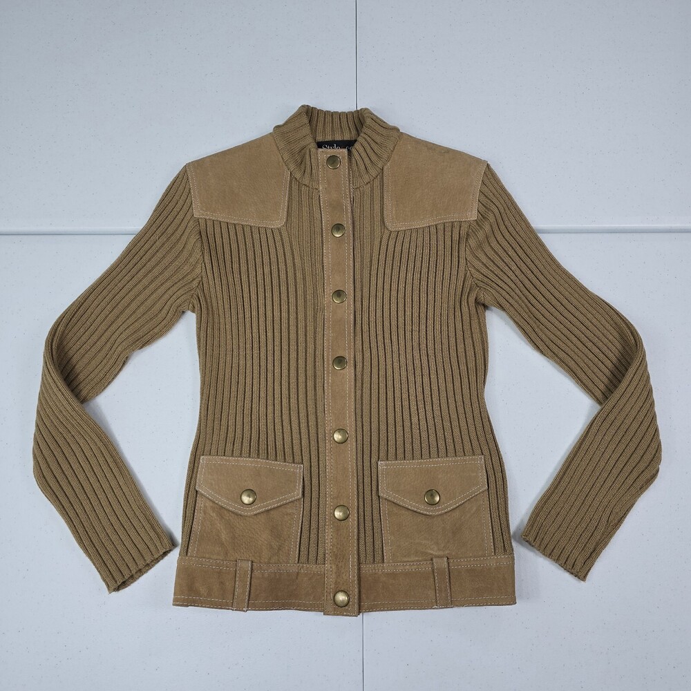 Vintage 90 Style & Co M Khaki Leather/Knit Sweater/Jacket Cargo Pockets Moto
